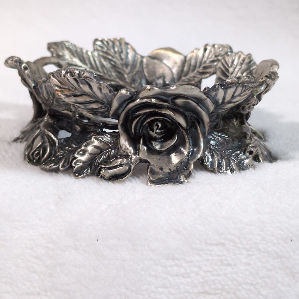 Vtg Pewter Rose Candle Holder Floral Ornate Potpourri RIng Base Goth Victorian